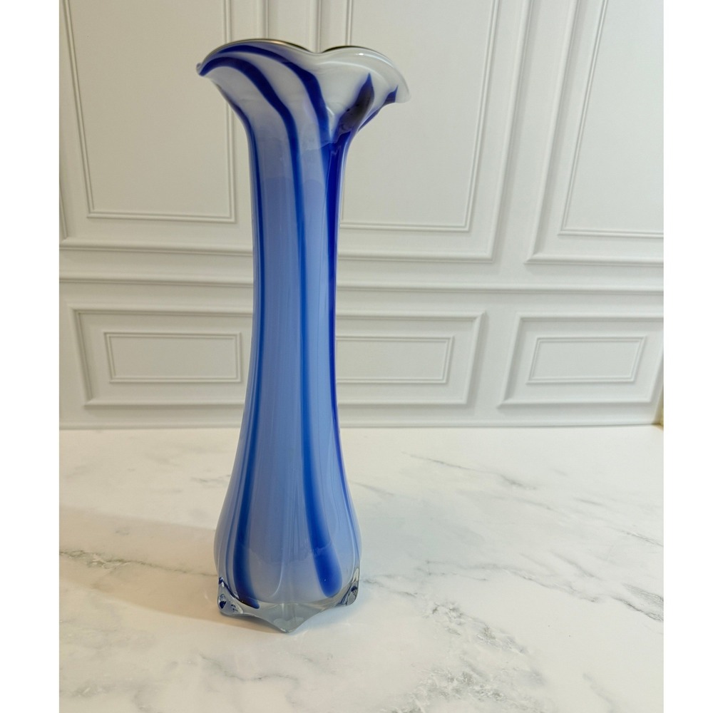 VTG Hand Blown Blue Streaked Murano Style Art Glass 11" Trumpet Vase